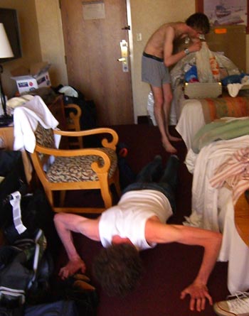 Morning after the night before, Andy T doing his morning press-up.