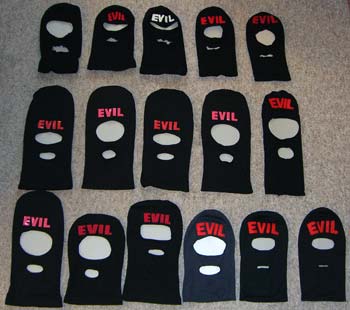 The evolution (surely <em>evilution</em> - balaclava puns ed.) of the balaclava from top left (our testing balaclava) to bottom right (the latest version)