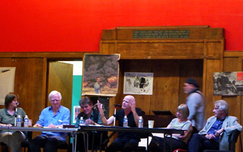From left to right, Astrid Proll, Adrian Mitchell, Chair, Eamonn McCann, Sheila Rowbotham and Alain Krivine.