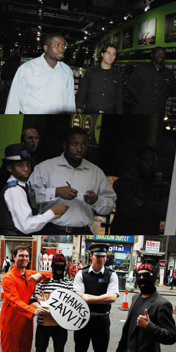 From top to bottom: Zavvi staff and security looking less than impressed; Looks like we're in trouble - they're writing notes - possibly a letter to take home to our mums; But we've befriended the enemy. Guaranteed immunity from prosecution for life.