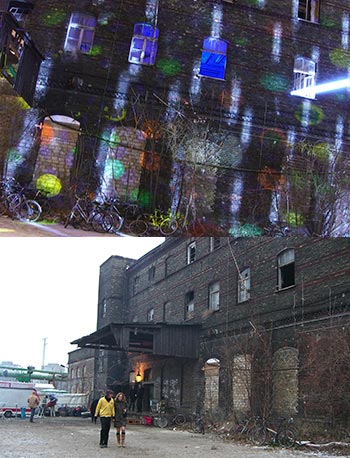 Before and after: Above, the factory outside at night hiding the mother of all parties. Below, the morning after with stragglers making their way home. (Andy T and Tom are still having it large inside).