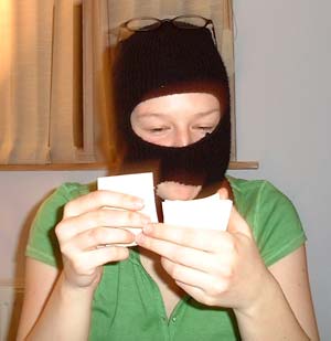 Mary assesses her card options.