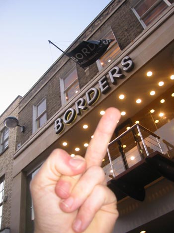 Pointing out where Borders is.